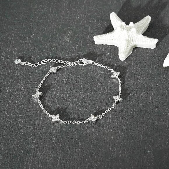 Sterling Silver Round Clover Link Chain Ring Bracelet Hand Chain for Women - Picture 4 of 7